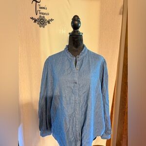 Women’s Lightweight Denim Long Sleeve Shirt with ruffle collar size Large